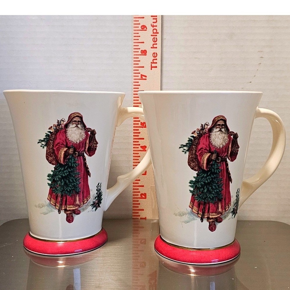 Hallmark Old World Santa Christmas Latte Mugs Set of 2 Red Base Holly Ceramic